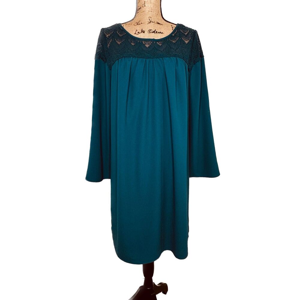 Ava & Viv Shift Dress Teal Green Lace Neck Wedding Party Flowy Lined Sz X US 14W